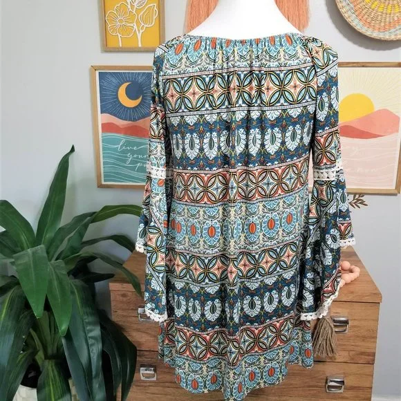 Dress. Teal, Burnt Orange, Multi Print. Southern Fried Chics Brand. Size Small. - Picture 5 of 9